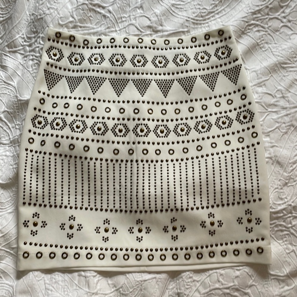 Embellished Ivory Mini Skirt with Metallic Stud Detail - Picture 1 of 5